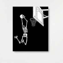 1 póster vertical de arte mural de baloncesto en blanco y con calavera - Impresión en lienzo sin marco de temática deportiva retro, decoración minimalista de peligro de volcada para espacios dominados por hombres (dormitorio, residencia, oficina) - Idea de regalo monocromático para atletas - Enmarcado - Ver 1