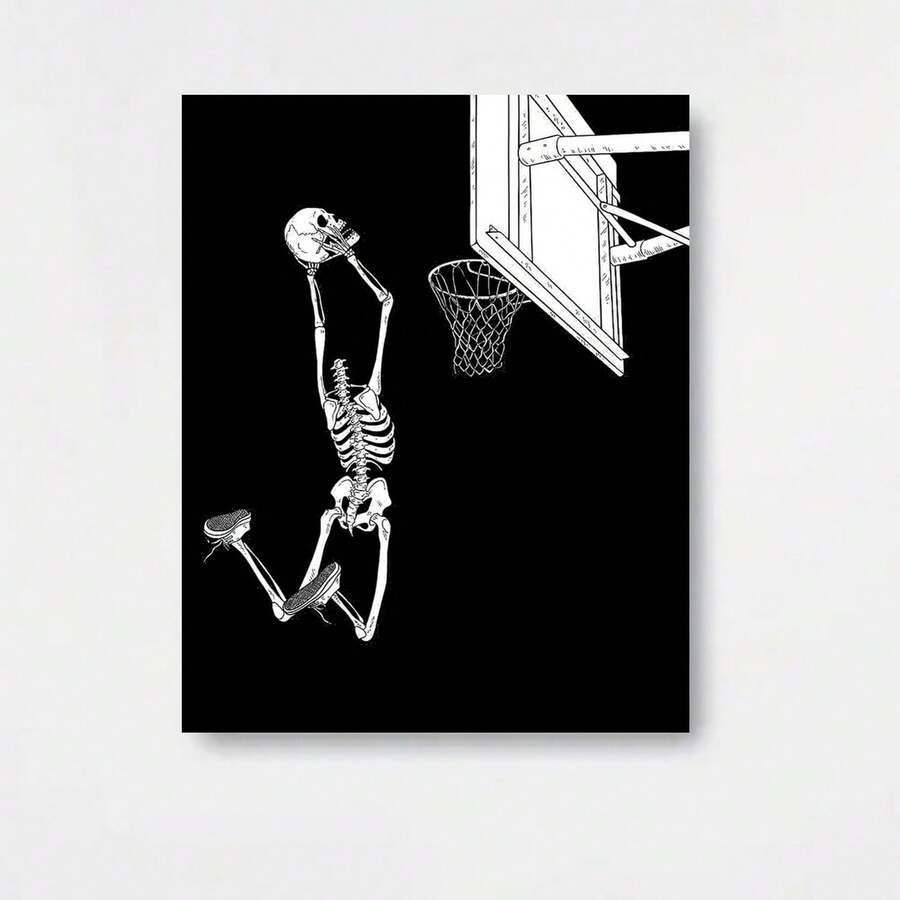 1 póster vertical de arte mural de baloncesto en blanco y con calavera - Impresión en lienzo sin marco de temática deportiva retro, decoración minimalista de peligro de volcada para espacios dominados por hombres (dormitorio, residencia, oficina) - Idea de regalo monocromático para atletas - Enmarcado - Ver 1