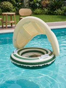 Striped Inflatable Swimming Ring With Detachable Sunshade Canopy, Anti-Flip Inflatable Seat With Handles, Suitable For Children - Multicolor - View 5