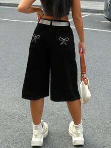 Women's Y2K Style Loose Wide-Leg 7/8 Length Jeans With Butterfly Embroidered Pockets Casual Black Summer - Black - View 7