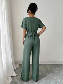 Women's Casual Solid Color Pleated Fabric Sleeveless Waist Beaded Tie Jumpsuit, Suitable For Vacation And Daily Wear, Spring/Summer - Olive Green - View 2