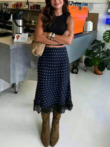 1件装女士优雅休闲波点蕾丝拼接A字裙，适合春夏日常外出、通勤和街头穿搭 - 藏蓝色 - 查看 1