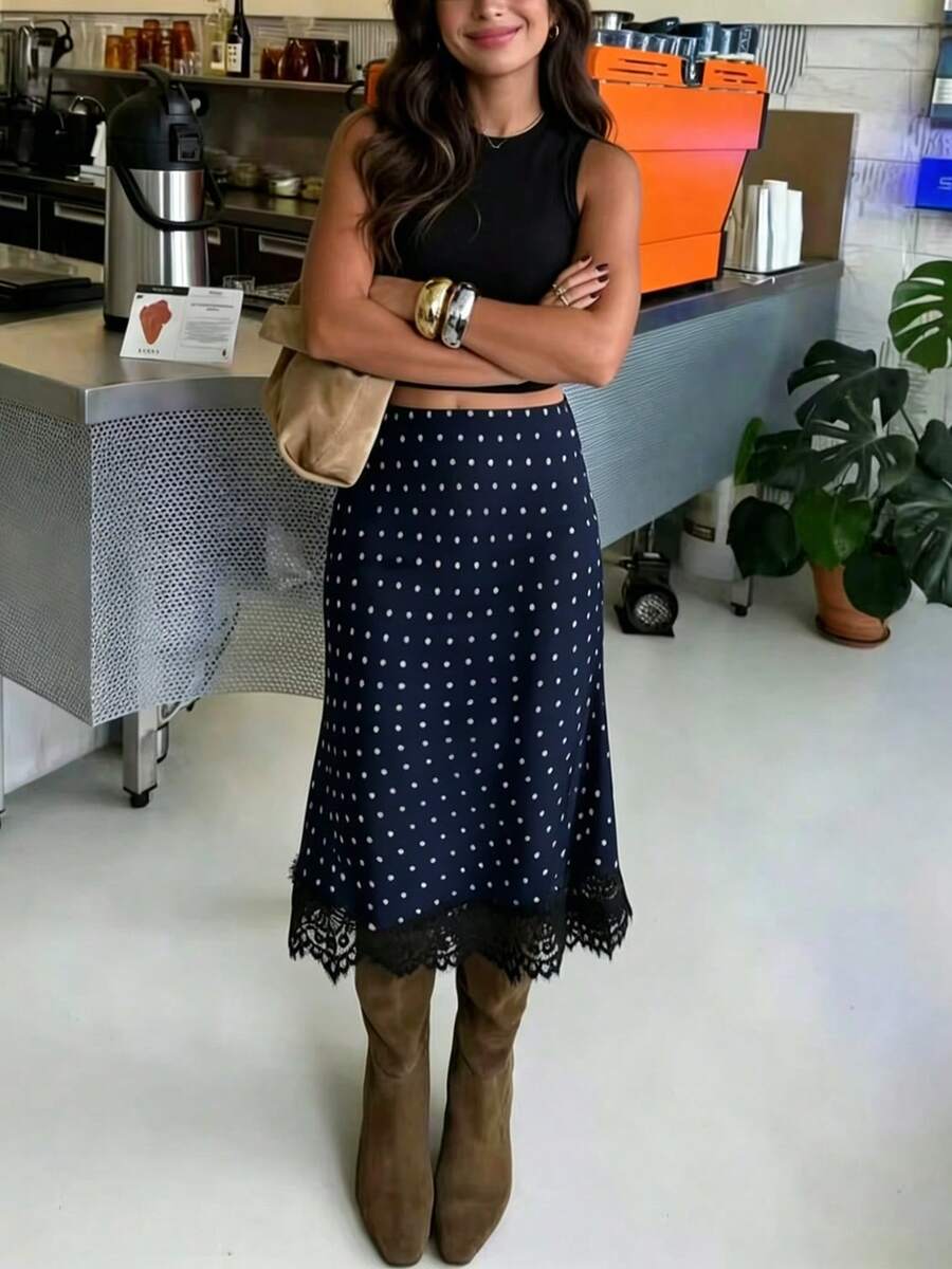 1件装女士优雅休闲波点蕾丝拼接A字裙,适合春夏日常外出、通勤和街头穿搭 - 藏蓝色 - 查看 1