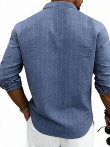 Cotton Men's Mandarin Collar Striped Long Sleeve Shirt, Business Casual Wear For Daily Commute - Blue - View 7