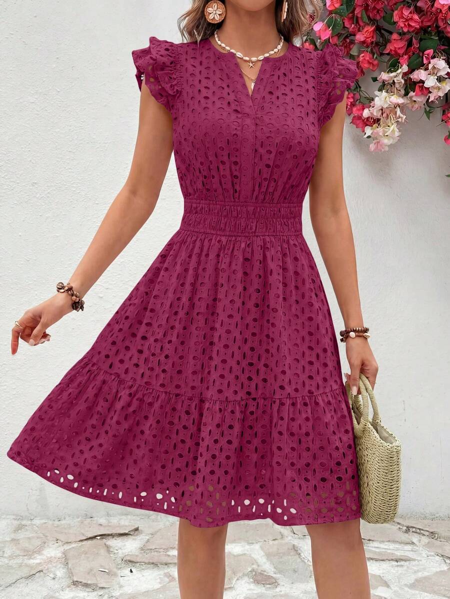 PRETTYGARDEN Women's Summer Dresses Eyelet Cap Sleeve V Neck Short Boho Wedding Guest Graduation Dress Beach Vacation Sundresses Dresses For Women - 酒紅色 - 查看 1