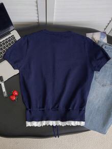 Cárdigan de punto gris de manga corta para mujer, de corte slim, estilo universitario de verano, con cuello redondo, parches de encaje y dobladillo con cordón - Azul marino - Ver 5