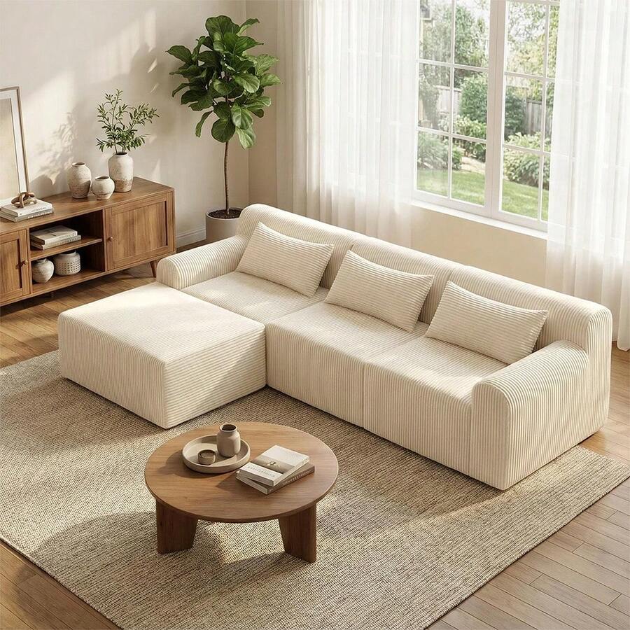 116 Inch Cloud Sectional Couch,Modern Modular Sectional Sofa With Deep Seat & Movable Ottoman, Corduroy Boneless Couches For Living Room, L-Shaped Oversized Sofa, No Assembly Required - 米色 - 查看 1