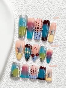 10Pcs Dopamine Style Handmade Nail Art Set,Polygel Nail Set,Cherries, Polka Dots And Stars Nail Art Decorations,Yellow, Blue And Dark Red Nail Polish,Retro Sweetheart Style,Comes With Nail Tools(1 Sheets Jelly Stickers+1PC Nail File)3 Sizes Available,Square Nails, Short Square Nails,Almond Nails,Suitable For Reunion,Daily,Party,Photograph,Play,Spring Summer,Commute Supplies Nails - Nhiều màu - Xem 1