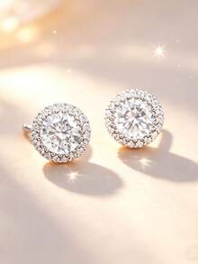 CVNANA 1 Pair Gold/Silver Copper Round CZ Halo Stud Earrings, Minimalist Elegant Unisex Style, Suitable For Daily Wear, Party, Wedding And Valentine's Day Gift - A - View 3