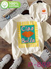 Double-Sided Printed Spring/Autumn Women's Shirt With Cute Lips And Text Design. Ciao Bella Printed Pattern. Fabric. Round Neckline. Short Sleeves. Women's T-Shirt - 杏色 - 查看 7