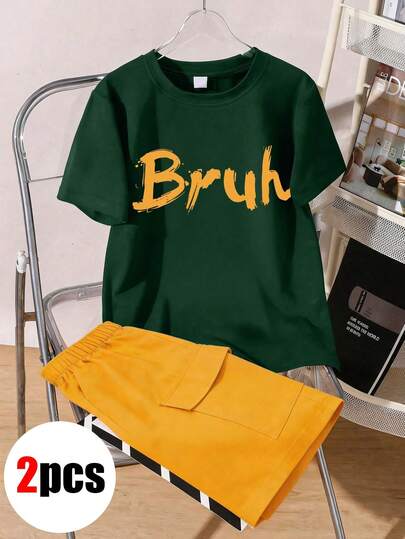 2pcs/Set Boys' Summer Casual Outfit, Short Sleeve T-Shirt And Shorts, Funny English Letter Print, Suitable For Summer Wear