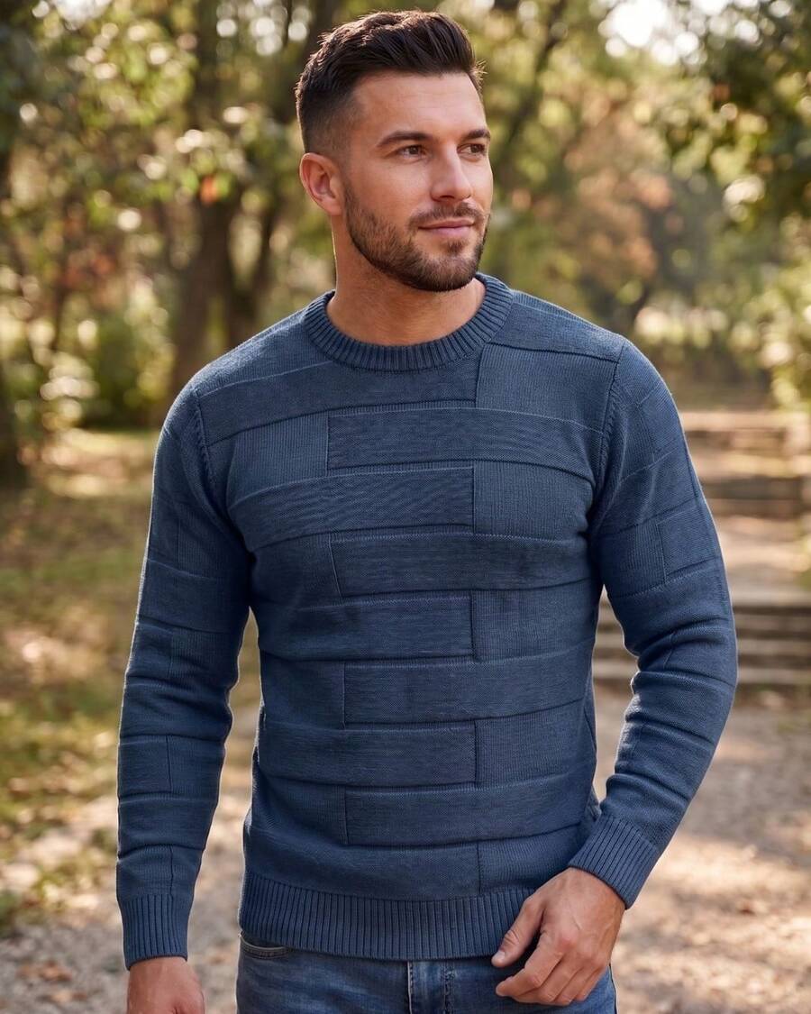 Men's Textured Knit Sweater, Winter Long Sleeve Round Neck Blouse, Modern Knit - 藍色牛仔褲 - 查看 1