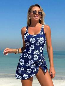 Swim Lushoire Traje de baño de una pieza con estampado floral y nudo, adecuado para vacaciones - Multicolor - Ver 10