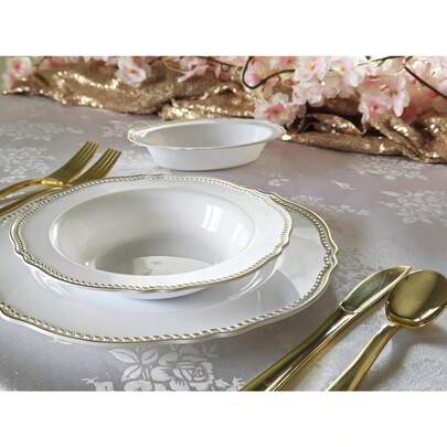 ' OCCASIONS ' 200pcs Set (25 Guest)-Wedding Disposable Plastic Plates & Cutlery - 10.25'', 7.5'' +Paper Napkins, Gold Rim Cups &