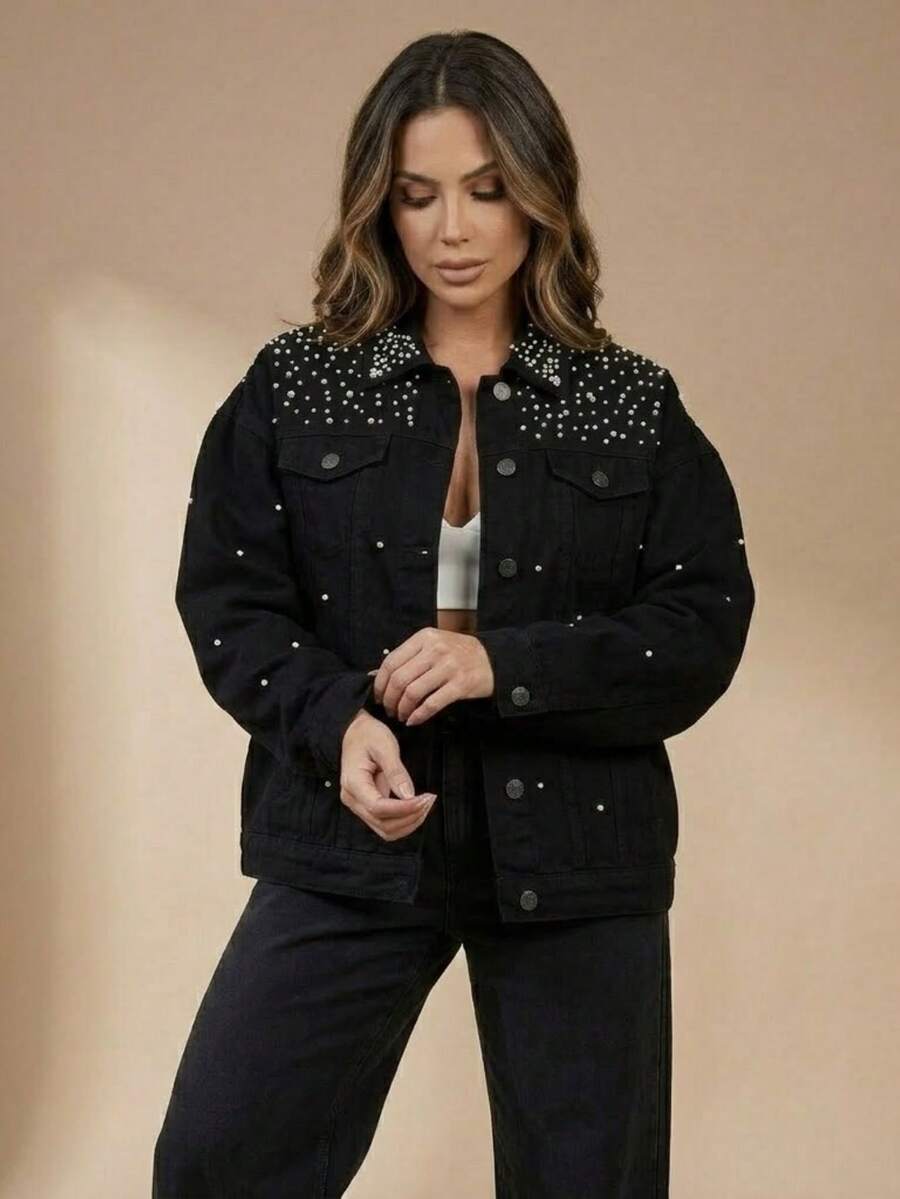 pthirillo Women's Black Denim Jacket Maxi Oversized Denim Black Cotton Long Sleeve Premium Street Style Retro Casual Loose Fit With Pockets Cowboy Style Show Pearls | Basic - 珍珠和水鑽 - 查看 1