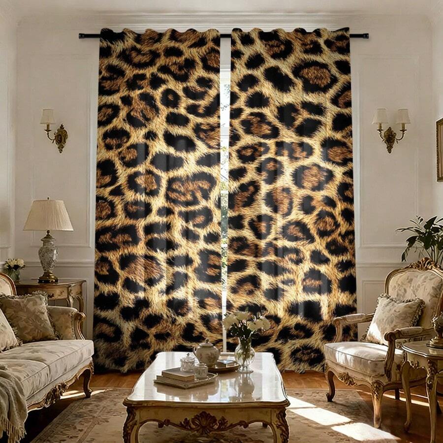 2pcs Vintage Leopard Print Curtains, Personalized Bedroom Living Room Decor Curtains, Machine Washable, Rod Pocket Hanging (Rod Not Included), Suitable For Bedroom, Living Room, Kitchen All-Season Decoration - Multicolor - View 1