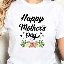 Camiseta Casual para Mujer con Estampado Floral "Feliz Día de la Madre", Transpirable y Cómoda, Manga Corta, Cuello Redondo, Estampado de Rosas y Corazones, Algodón Suave, Perfecta para Uso Diario y Estilo Urbano para el Día de la Madre - Blanco - Ver 5