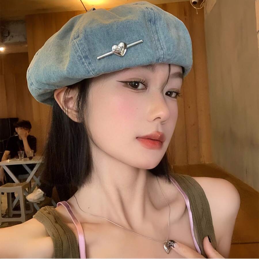 女士牛仔贝雷帽，韩式复古风格，饰有心形金属别针，秋冬百搭显脸型画家帽，日常休闲装 - A - 查看 1