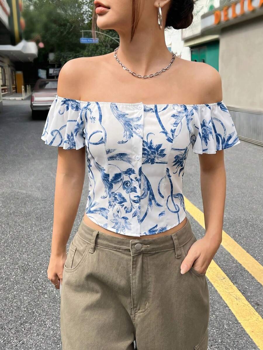 Women's Off-Shoulder Short Sleeve Blue Ditsy Floral Regular Length Non-Stretch Blouse - Baby Blue - View 1