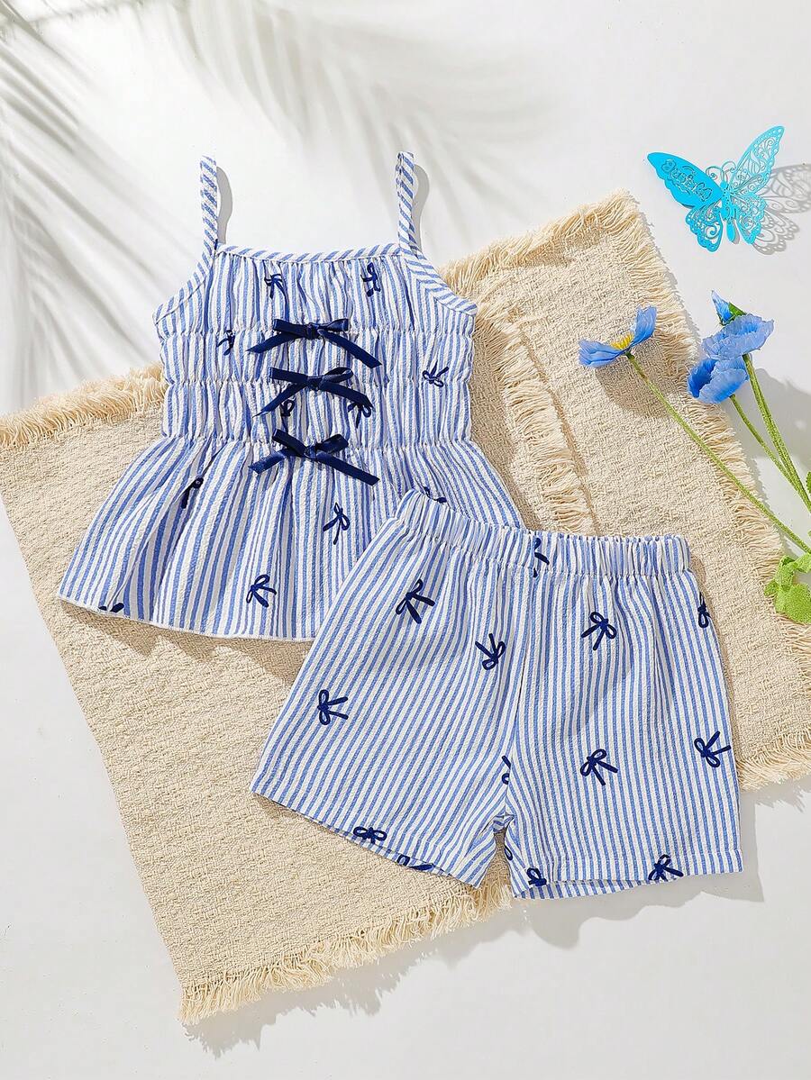 2pcs/Set Girls Casual Bowknot Striped Pattern Soft Comfortable Woven Camisole Top And Shorts Set, Suitable For Outdoor Wear, Spring/Summer - Multicolor - View 1