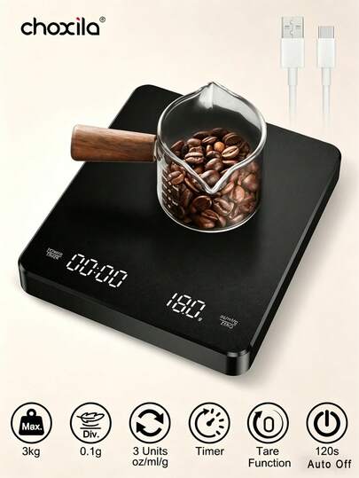 choxila 1个带定时器的可充电数字咖啡秤，3公斤/0.1克（250毫安时），迷你咖啡秤，适用于滴滤/意式咖啡，3个计量单位，去皮功能，自动关机，可测量克/盎司/毫升