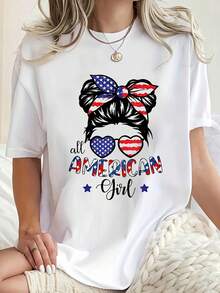 Casual T Shirt Girl Patriotic Flag Bow And Heart Sunglasses Design Independence Day Fourth Of July Celebration Wear For Women Summer Outfits 220g - 白色 - 查看 2