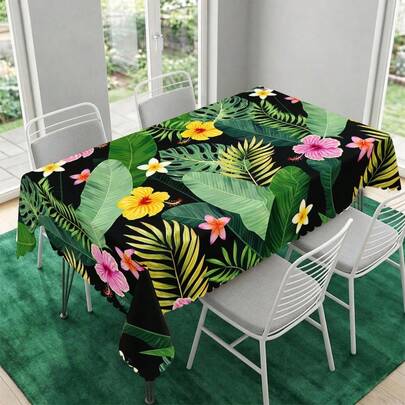 1pc Tropical Palm Leaf Floral Print Polyester Tablecloth, Suitable For Kitchen, Dining Room, Holiday, Party, Banquet Table Decor