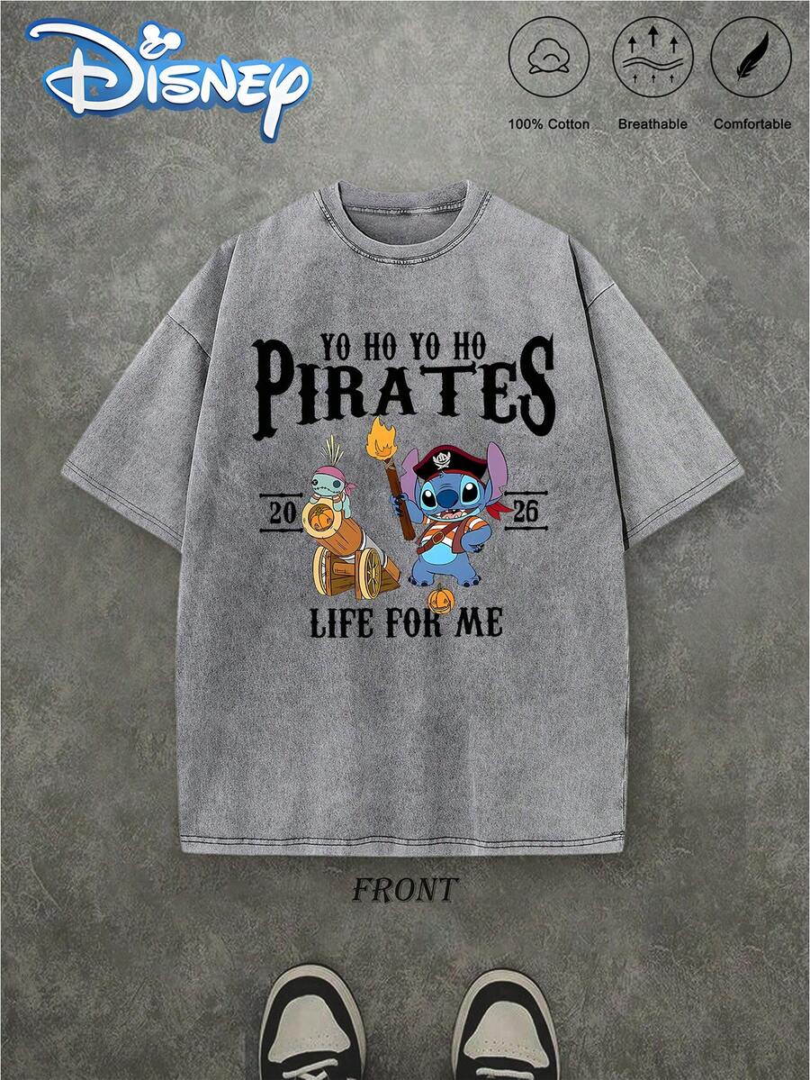Men'S T-Shirt Featuring A Disney-Licensed Print Of Stitch And Lilo'S Pirate Adventure, Made From Heavyweight 100% With A Vintage, Worn Appearance; This Loose-Fitting Short-Sleeve Crewneck Is Soft, Comfy, And Adaptable For Various Occasions - Xám - Xem 1