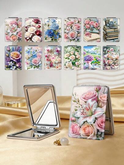 1pc Countryside European Style Romantic Series Portable Folding Makeup Mirror, Lightweight Compact Durable PU Leather, Suitable For Various Occasions Like Travel, Party, Work, School, Fits All Ages