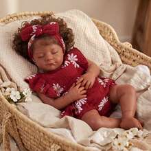 20 Inch Lifelike Reborn Black Baby Girl Doll, Realistic Sleeping Newborn With Soft Cloth Body, Brown Curly Hair And Red Daisy Outfit, Baby Doll Set With Gift Box, Magnetic Pacifier, Bottle, 2 Rattle Toys, Diaper And Birth Certificate, Doll Gift For Kids 3+, Playtime, Display And Collection - Multicolor - View 2