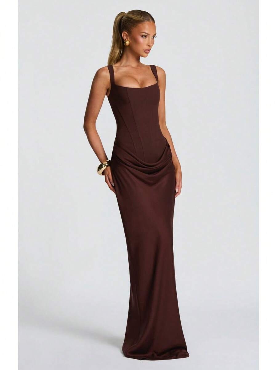 Women's Solid Color Sexy Bodycon Dress, Sleeveless Square Neck Ruched Maxi Gown, Elegant Formal Evening Party Dress - màu nâu - Xem 1