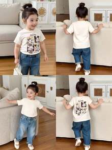 Modern Minimalist T-Shirt For Young Girl, Casual, Elegant, Comfortable, Simple, Fashionable, With Floral, Letter And Star Print, Short Sleeve, For Spring, Summer, School, Campus, Summer Vacation At University. - 杏色 - 查看 1