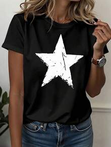 -Women's Vintage Star Print Shirt - Retro And Starry Top With A Distressed Effect, Highly Elastic Fabric, Round Neck, Casual Shirt, Comfortable Blouse For All Seasons (Machine Washable) - White - View 7