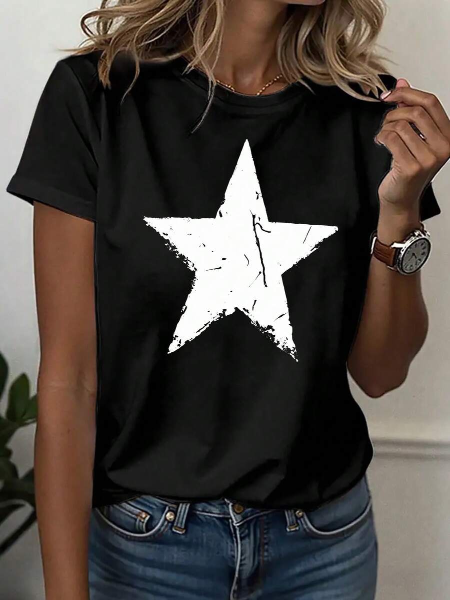 -Women's Vintage Star Print Shirt - Retro And Starry Top With A Distressed Effect, Highly Elastic Fabric, Round Neck, Casual Shirt, Comfortable Blouse For All Seasons (Machine Washable) - Black - View 1