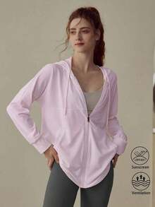 Chamarra deportiva premium chic para mujer  primavera verano 2026 chaqueta de yoga y running con capucha cierre de cremallera frontal cordón ajustable tela transpirable de alta calidad color lila look versátil para entrenamiento deportivo actividades al aire libre uso diario y looks casuales deportivos - Lila Púrpura - Ver 12