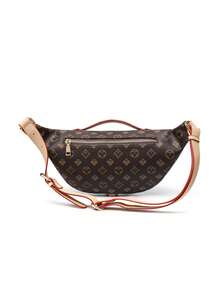 Vintage Monogram Print Fanny Pack For Women, Retro Poker Suit & Diamond Pattern Waist Bag, PU Leather Adjustable Strap Crossbody Sling Bag. - Coffee Brown - View 4