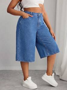 Damen Mittelblau Elastischer Bund Denim Mid-Length Shorts, Kontrastnähte Schlankmachendes Design, Sommer Herbst Pendler Vintage Knielang Lässig - Mittele Waschung - Übersicht 5