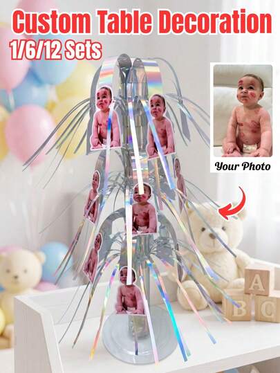 1/6/12 Sets Personalized Custom Face Baby Shower Table Decoration, Upload Your Photo Funny Foil Fringe Streamer Tree, Customized Crafts Kids Birthday Party Supplies, Unique Centerpiece Decor For Wedding Graduation, Cute Gift For Children Family Friends