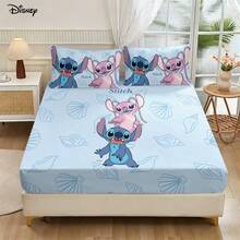 Disney 3Pcs Lovely Stitch And Angel Seashell Print Fitted Sheet And 2 Pillowcases Cozy Light Blue Everyday Room Bedding Set - Fitted Sheet Set - View 1