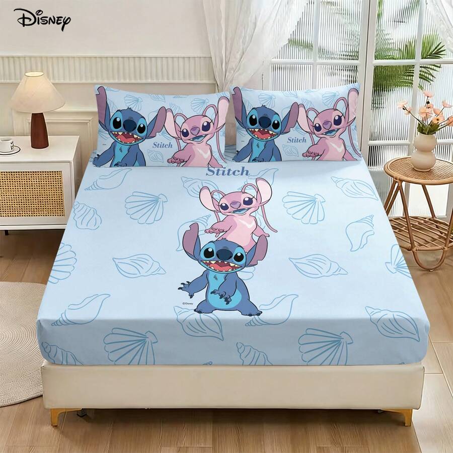 Disney 3Pcs Lovely Stitch And Angel Seashell Print Fitted Sheet And 2 Pillowcases Cozy Light Blue Everyday Room Bedding Set - Fitted Sheet Set - View 1