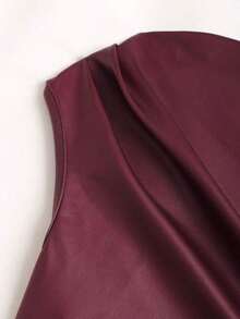 New Fashion Wine Red Coated Elastic Fabric Asymmetric Neck Ruched Waist Slim Fit Mini Dress, Side Ruffle Detail, Suitable For Club Party, Cocktail, Commute, Daily Wear, Summer - 勃根地 - 查看 5