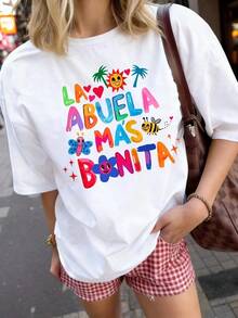 Simple And Versatile Design Spanish Grandma T-Shirt, Regular Fit, Latin Grandma Graphic Tee, Comfortable Short Sleeve Family Slogan T-Shirt, Casual Gift Collar, White Summer Cotton T-Shirt - 白色 - 查看 2