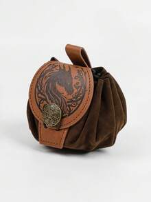 2pcs Medieval Dragon Pattern + Rune Embossed Waist Pouch Set, Vintage PU Leather Drawstring Hanging Bag For LARP/Halloween Cosplay Accessories - A - View 5