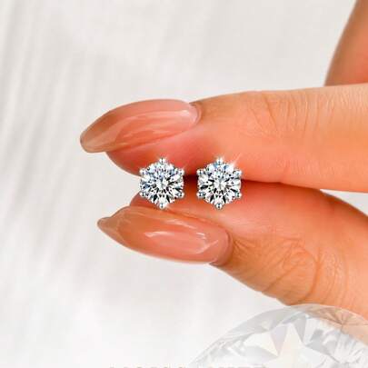 1 pieza Pendientes de botón de plata de ley 925 con moissanita de 6 garras, disponible en múltiples tamaños, diseño elegante, color plateado, bajo en alergias, adecuado para uso diario de mujeres y niñas, regalo de temporada de bodas