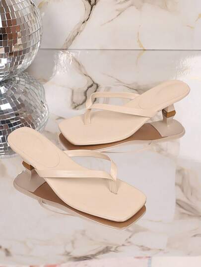 1 Pair Beige Plus Size Teenager/Student High Heel Thong Sandals, Solid Color Soft PU Upper + Flip-Flop Strap Design, Classic Square Toe Open Toe Wedge Heel Sandals, Suitable For Teenage Girls/College Students Daily Casual, Party, School, Commute, Vacation, Spring/Summer 2026