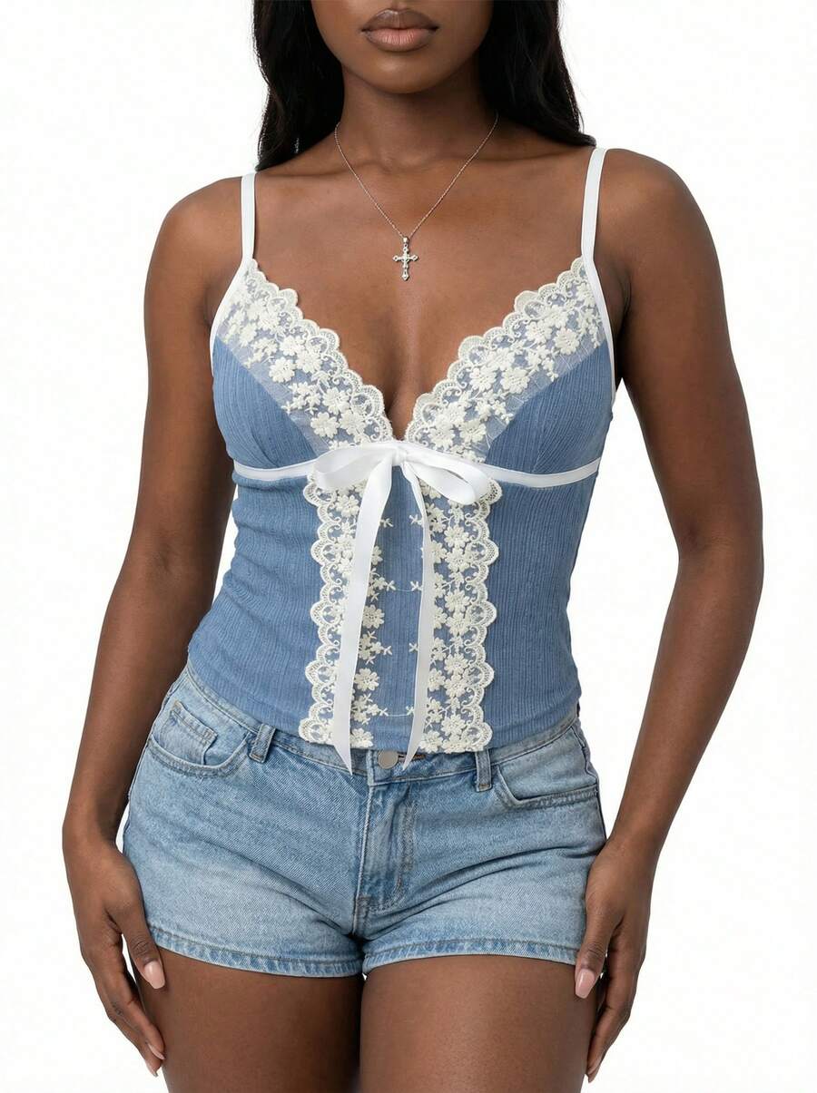 Blazique Áo hai dây nữ màu trơn chất liệu vải dệt kim jacquard, dây mảnh gợi cảm, thêu ren, phối ren, màu xanh dương thanh lịch, thích hợp mặc mùa hè. - Màu xanh lam - Xem 1