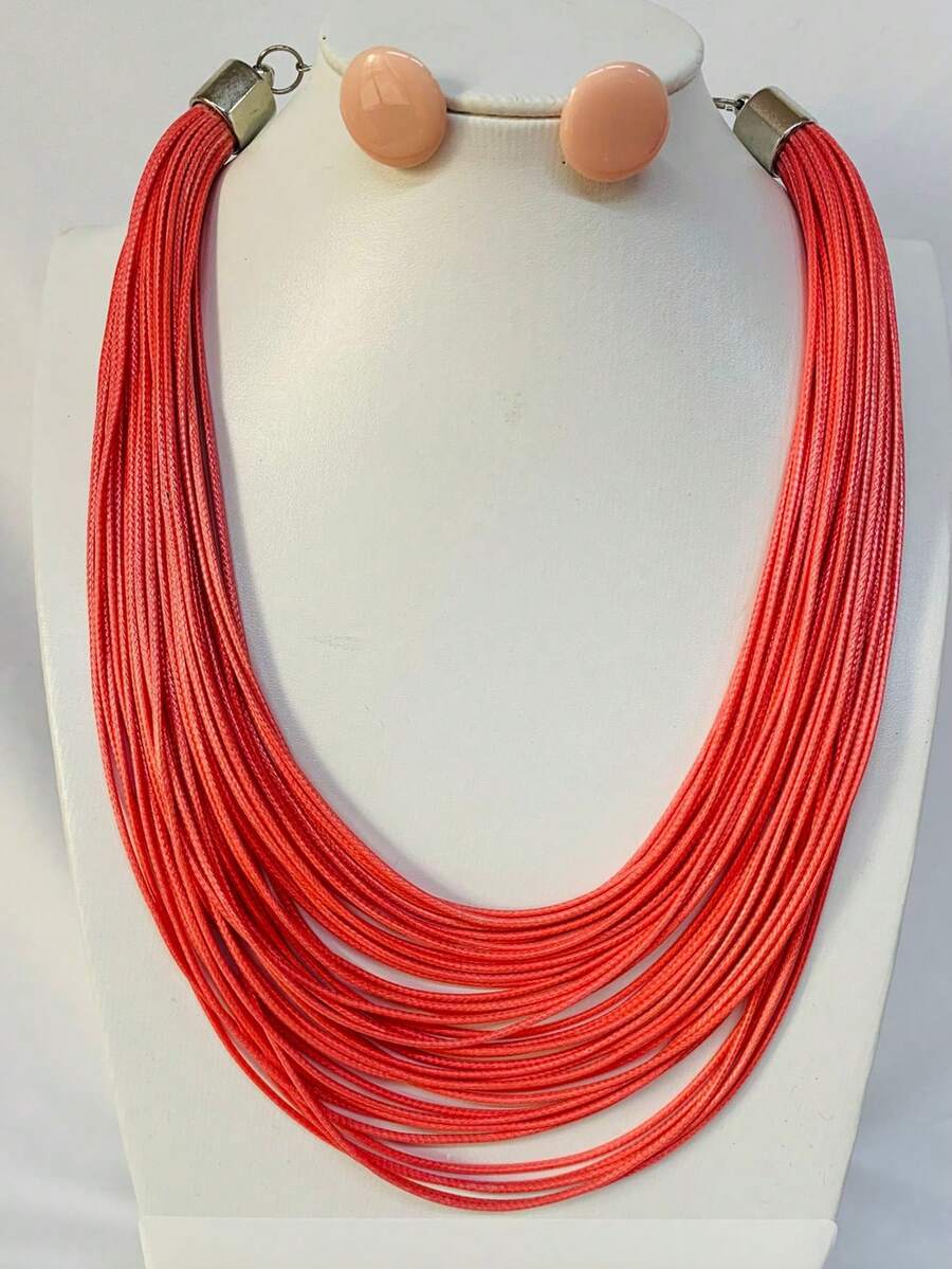 Maxi Waxed Multi-Strand Necklace Set With Button Earrings - 橘色 4 - 查看 1