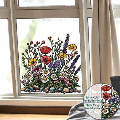 1pc Stained Glass Style Wildflower Window Clings, Reusable Poppy Daisy Lavender Static Cling Decals, Non-Adhesive Floral Window Stickers For Kids Room,Kitchen, Living Room, Bedroom Decor
