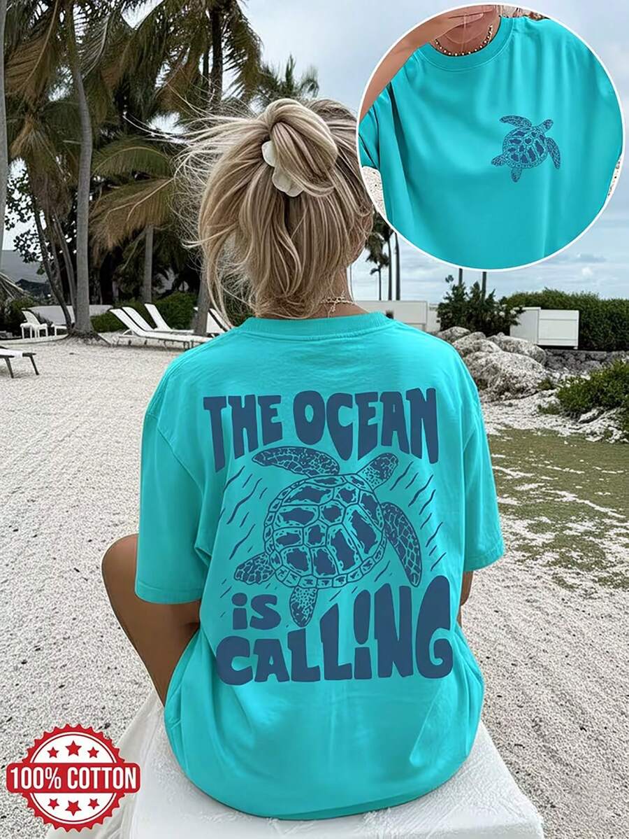 春夏女士 The Ocean Is Calling 海龜印花 T 卹，一件定制，100%棉女式寬鬆T卹，summer clothes，plus size夏季上衣，K-Pop戰士系列，純棉上衣，女裝服飾，女式夏裝，針織服飾，派對裝束，大碼女裝，大碼女式圓領寬鬆上衣，閨蜜裝，度假服飾，休閒運動裝，女士運動裝,頂部女裝，促銷女裝，男女同款，青少年裝、基本款T卹，夏季女裝，柔軟舒適，夏季、冬季、春季、節日、開齋節、國王日、母親節、聚會、海灘、婚禮、畢業典禮、健身房、優雅、休閒、假期、運動、奢華、正式、 y2k、鄉村、商務、亮片、褶邊、波點、流蘇、花卉、圖形、豹紋 - 湖綠 - 查看 1