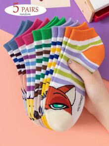 5 pares de calcetines bajos de mujer con diseños de Disney Zootopia, calcetines blancos de la pareja Nick y Judy, calcetines náuticos versátiles para todas las estaciones, suaves y transpirables sin apretar, perfectos para salidas (colores aleatorios) - Multicolor - Ver 5